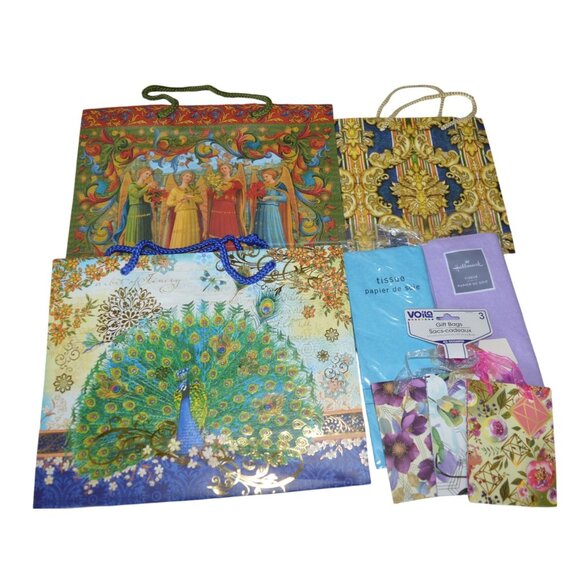 Ornate Printed Gift Bags & Tissue Party 8 Piece Bundle Floral Peacock Angels - Picture 1 of 5